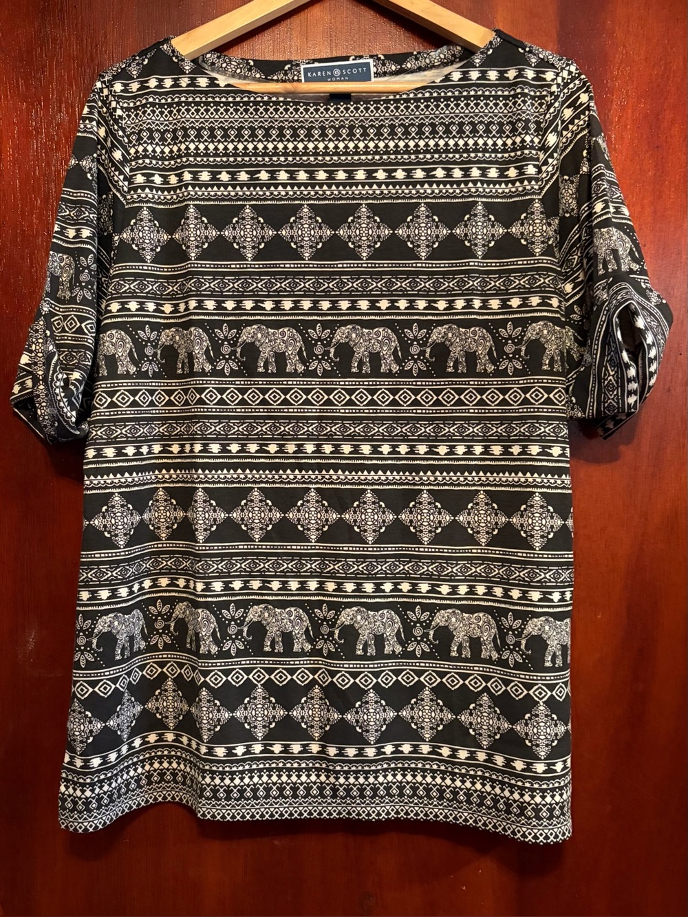 Karen Scott Black & White Elephant-Pattern Short Sleeve Tee